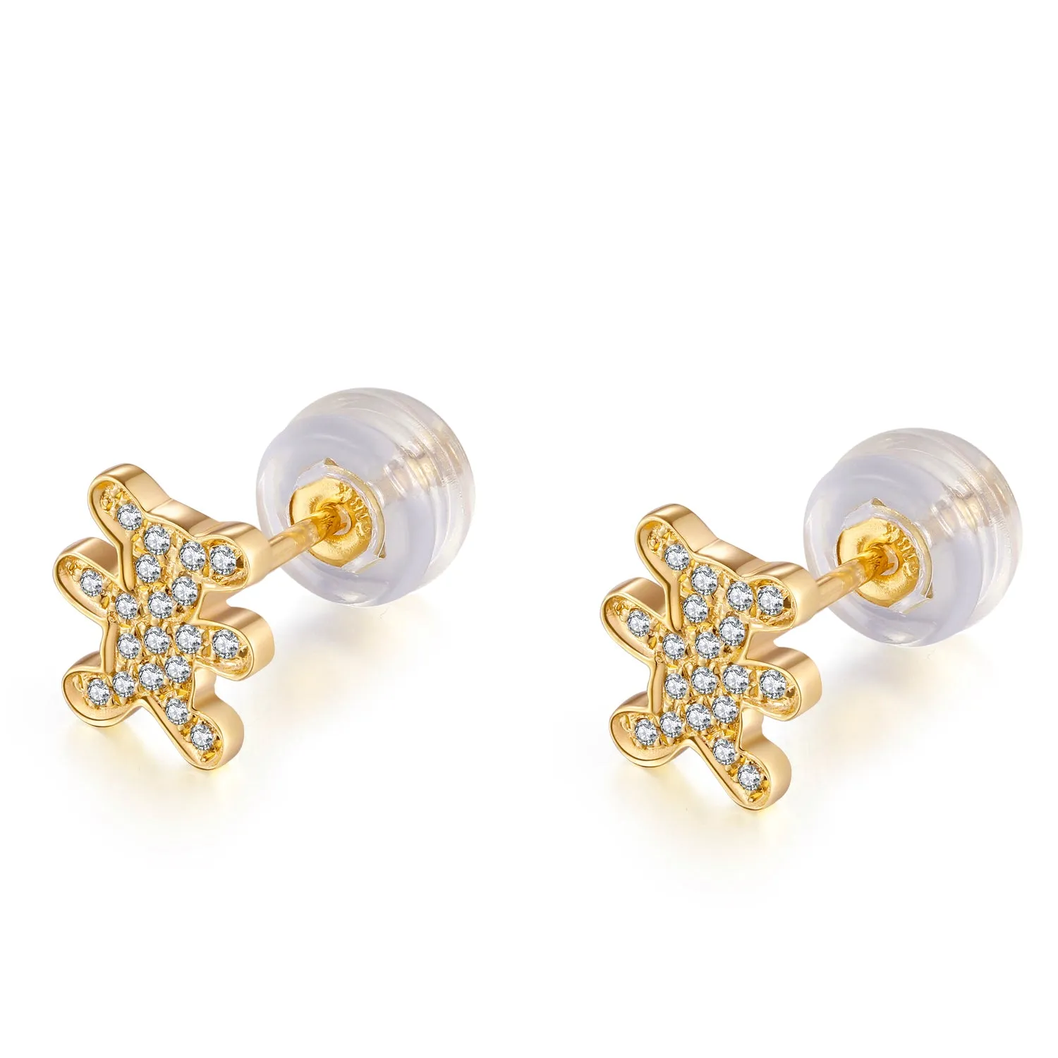 14K Solid Gold Bear Stud Earring Exclusively Handcrafted 0.093 Carat Natural Diamond (H-F Color, VS1-VS2 Clarity)