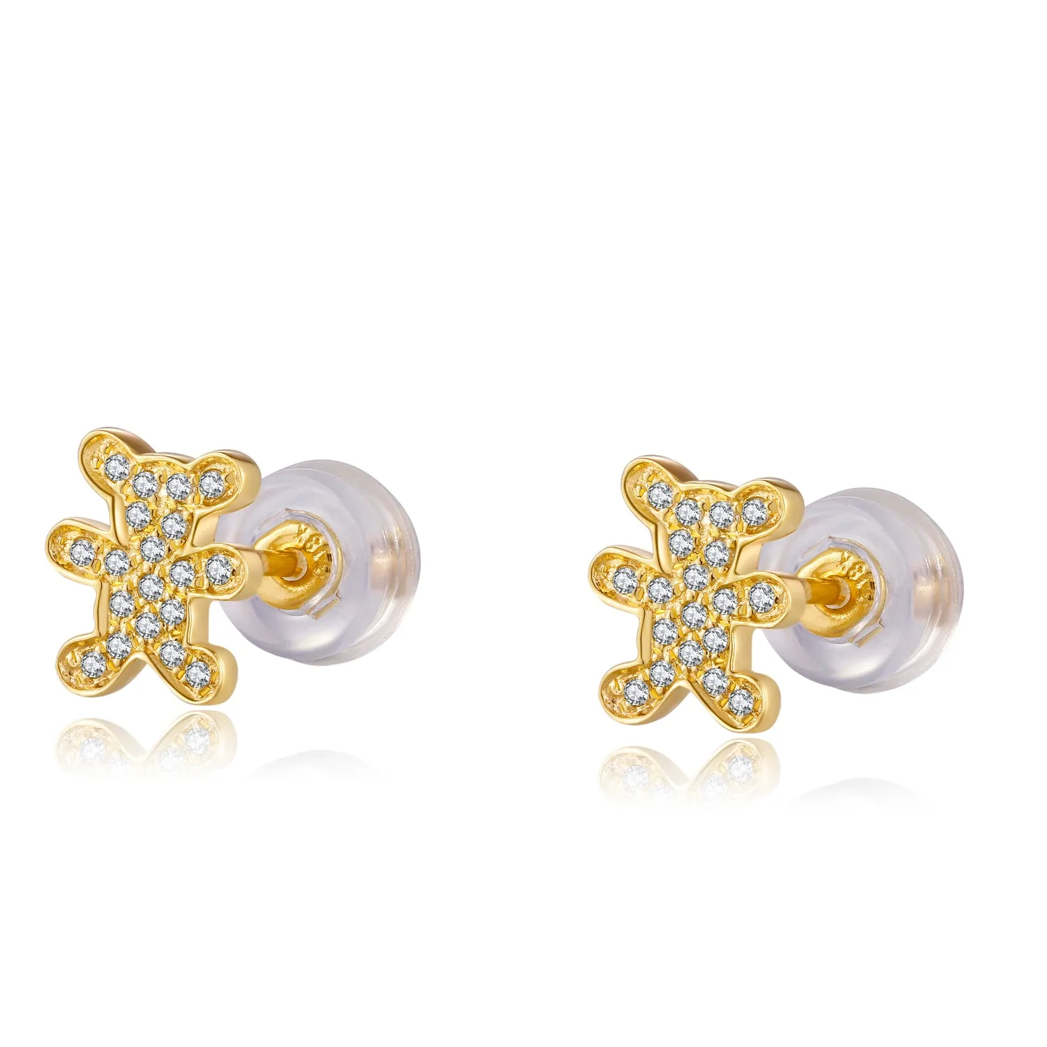 14K Solid Gold Bear Stud Earring Exclusively Handcrafted 0.093 Carat Natural Diamond (H-F Color, VS1-VS2 Clarity)