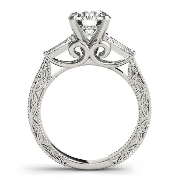 14K White Gold Round Brilliant Diamond Antique Three Stone Baguette Engagement Ring (1.33ctw)