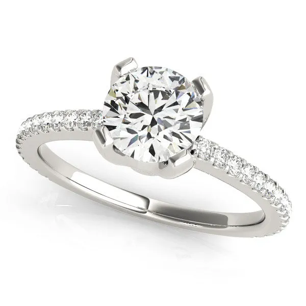 14K White Gold Round Brilliant Diamond Engagement Ring With Single Row Mini Pave Accents