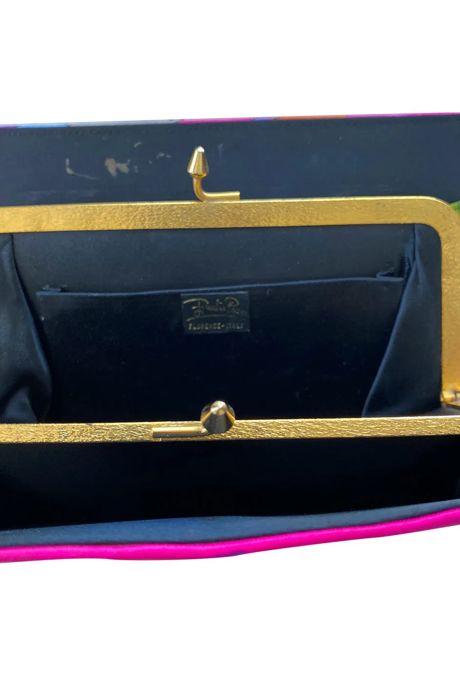 1960s Emilio Pucci Vivid Pink Multi Color Silk Evening Bag w Gold Chains