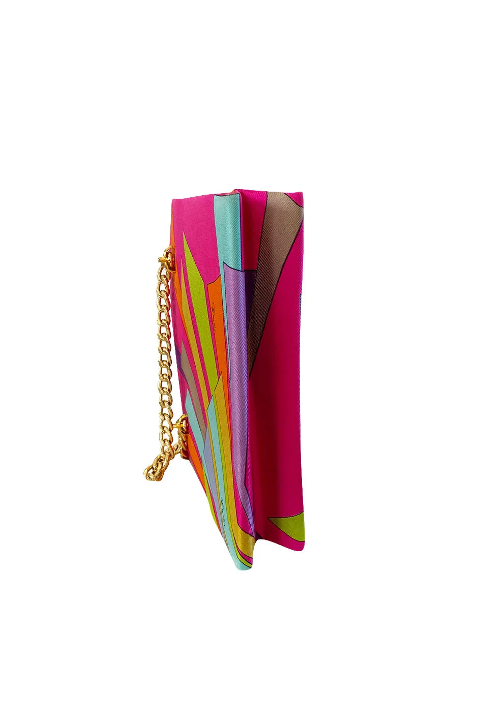 1960s Emilio Pucci Vivid Pink Multi Color Silk Evening Bag w Gold Chains