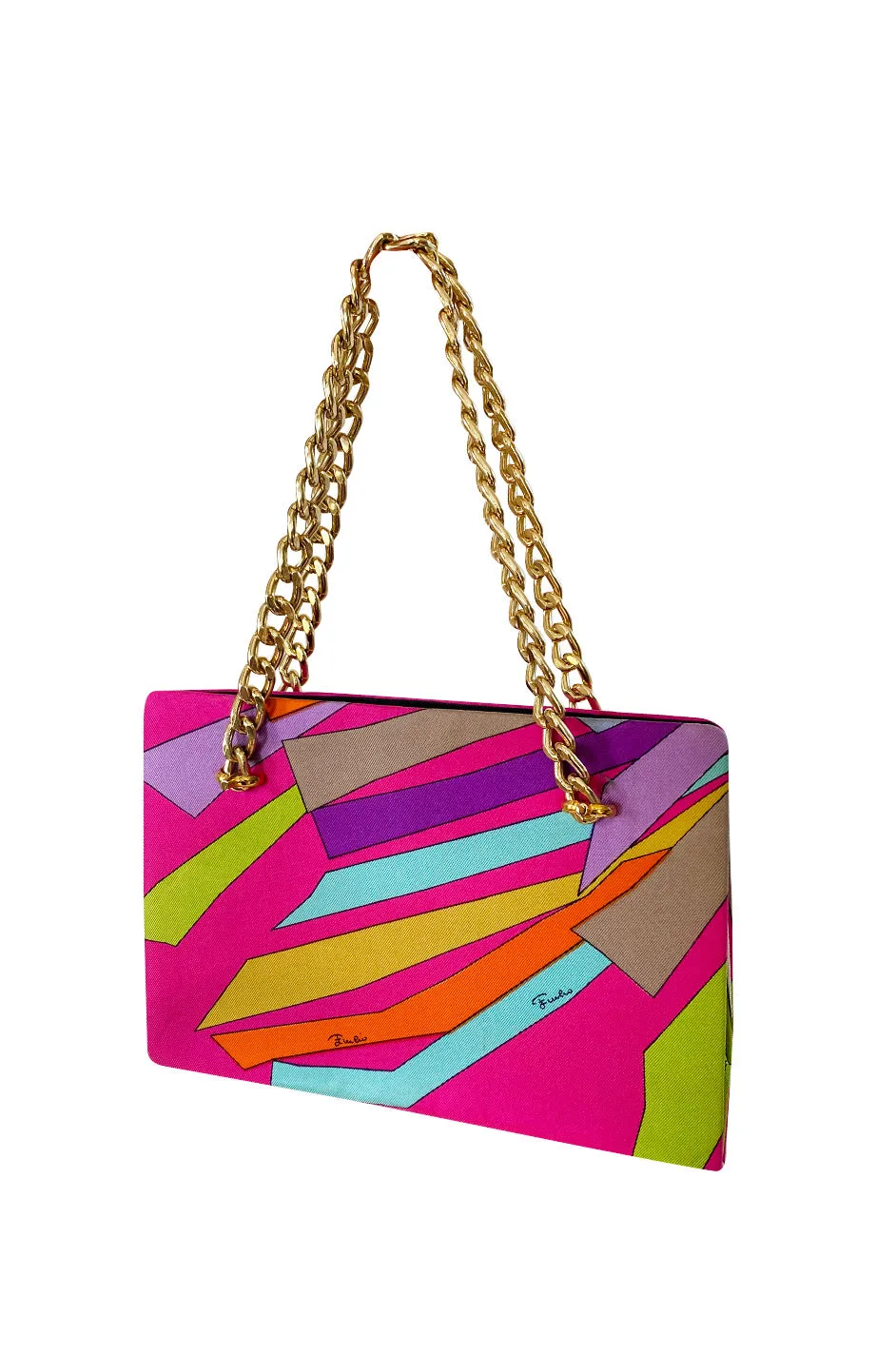 1960s Emilio Pucci Vivid Pink Multi Color Silk Evening Bag w Gold Chains