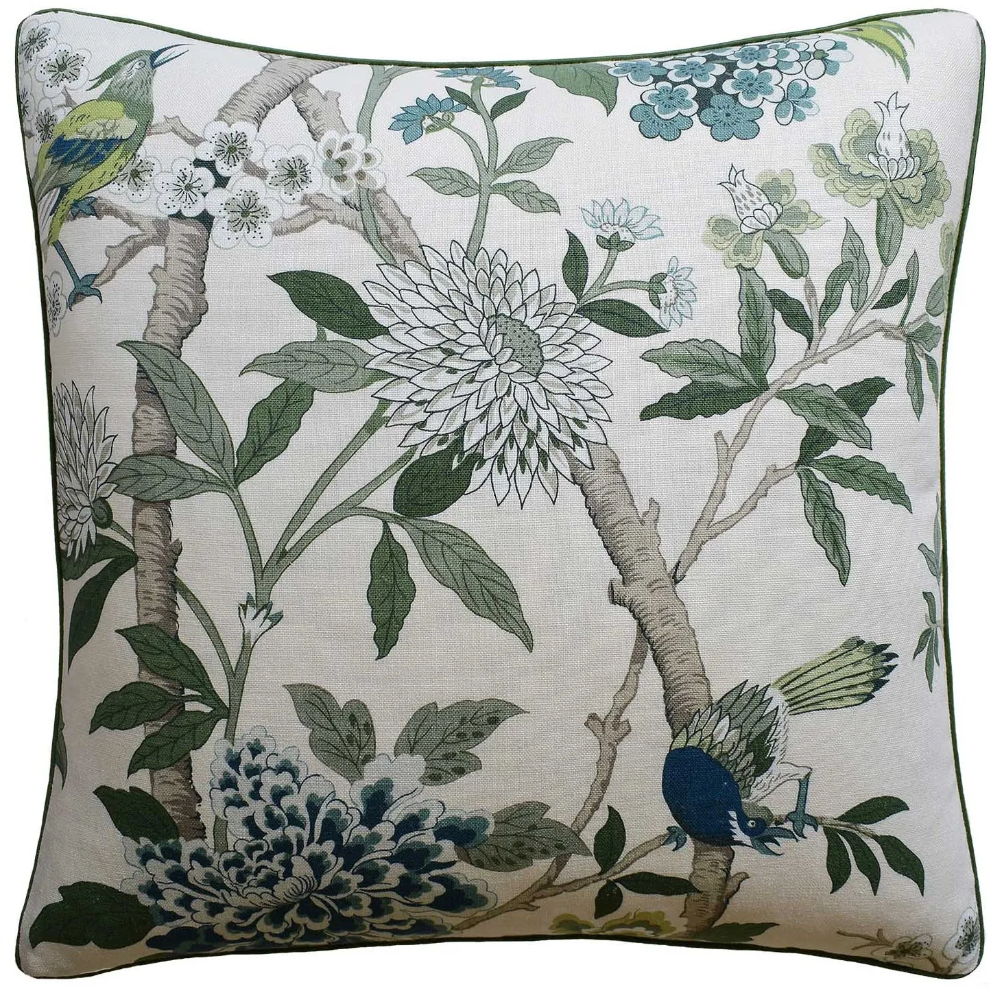 22x22 HYDRANGEA BIRD GREEN PILLOW