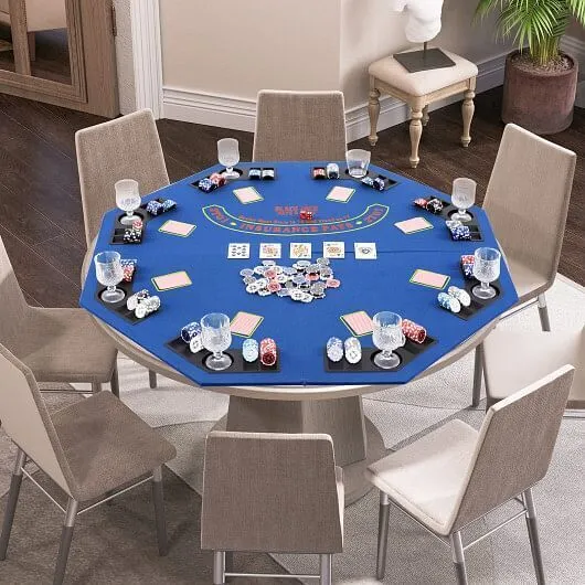48 Inch 8-Player Foldable Poker Table Top with Carrying Bag and Cup Holders-Blue