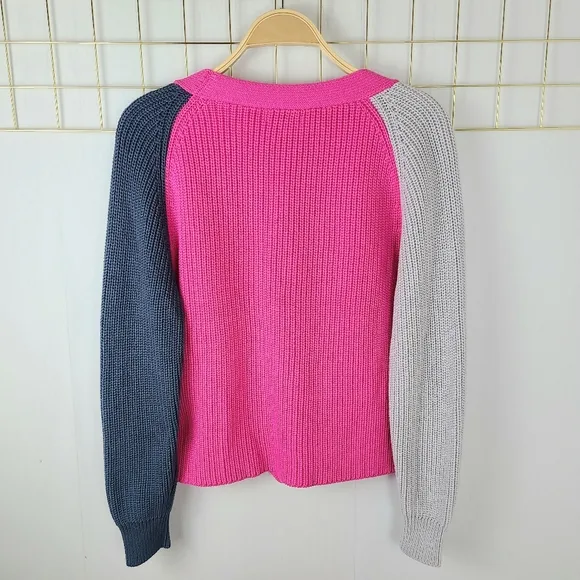 525 America Colorblock Pearl Heart-Shaped Buttons Slouchy Cardigan Sweater