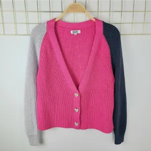 525 America Colorblock Pearl Heart-Shaped Buttons Slouchy Cardigan Sweater