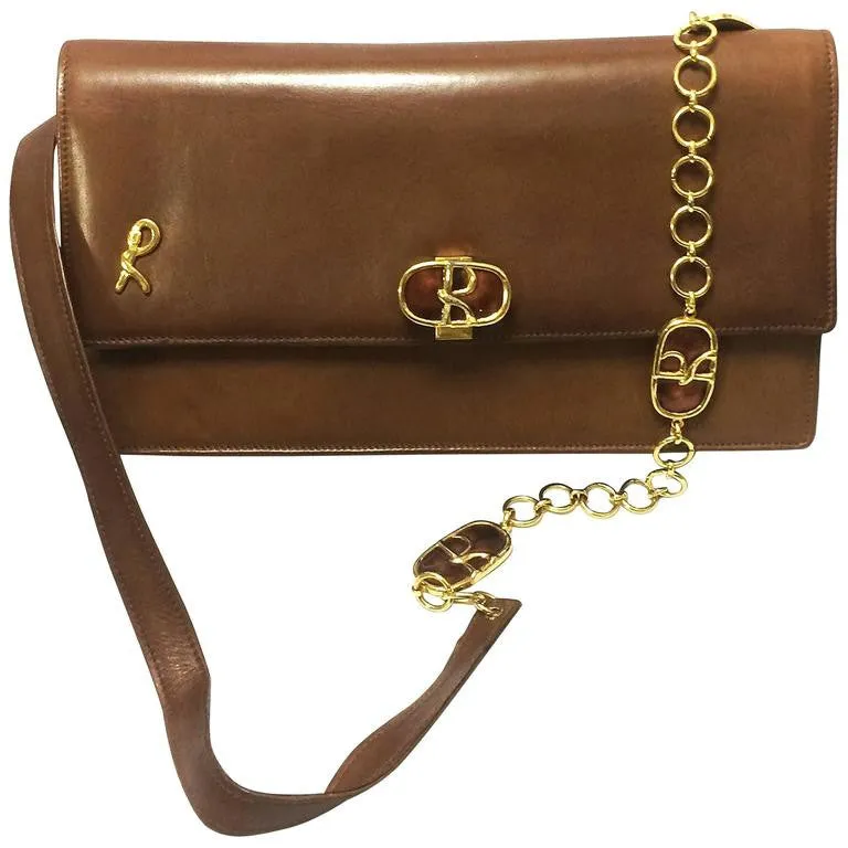 70's vintage Roberta di Camerino brown genuine leather purse with R cham chains. A rare masterpiece