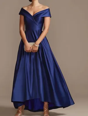 A-line V-neck Off Shoulder Hi Low Satin Mother of Bride/Wedding Guest Dress