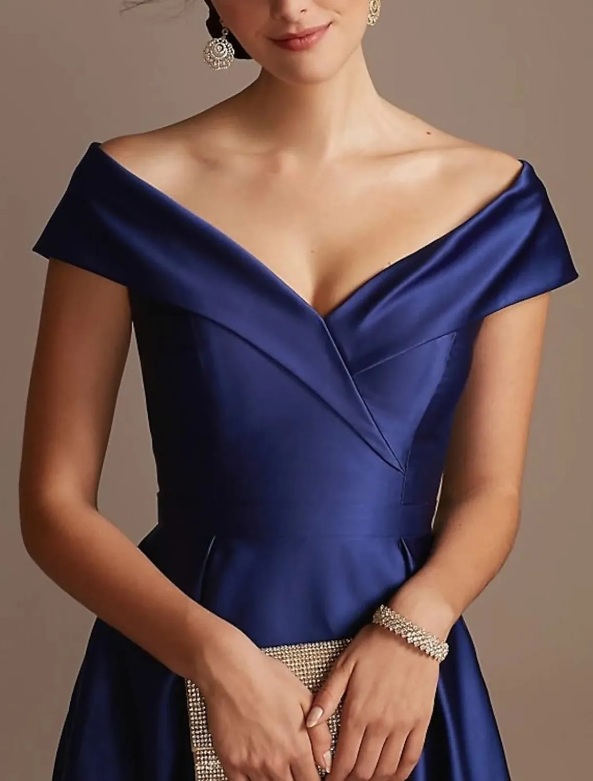 A-line V-neck Off Shoulder Hi Low Satin Mother of Bride/Wedding Guest Dress