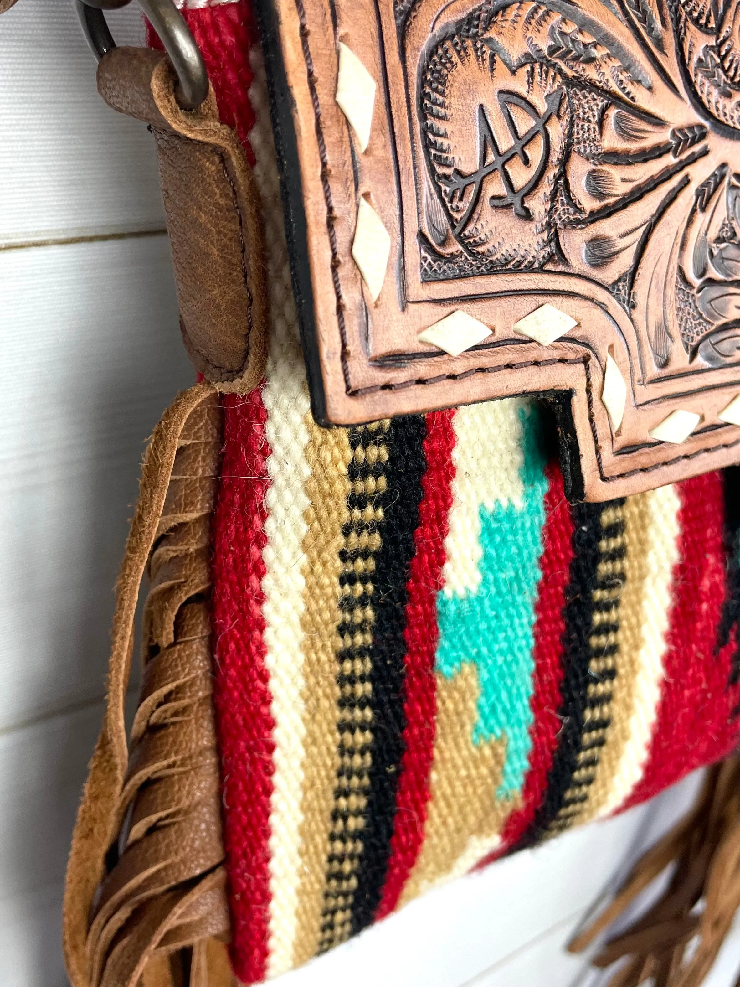 Ajo Red Wool & Floral Tooled Leather Western Fringe Bag