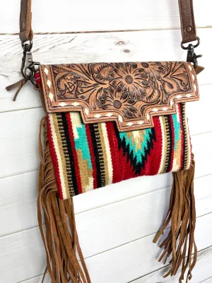 Ajo Red Wool & Floral Tooled Leather Western Fringe Bag
