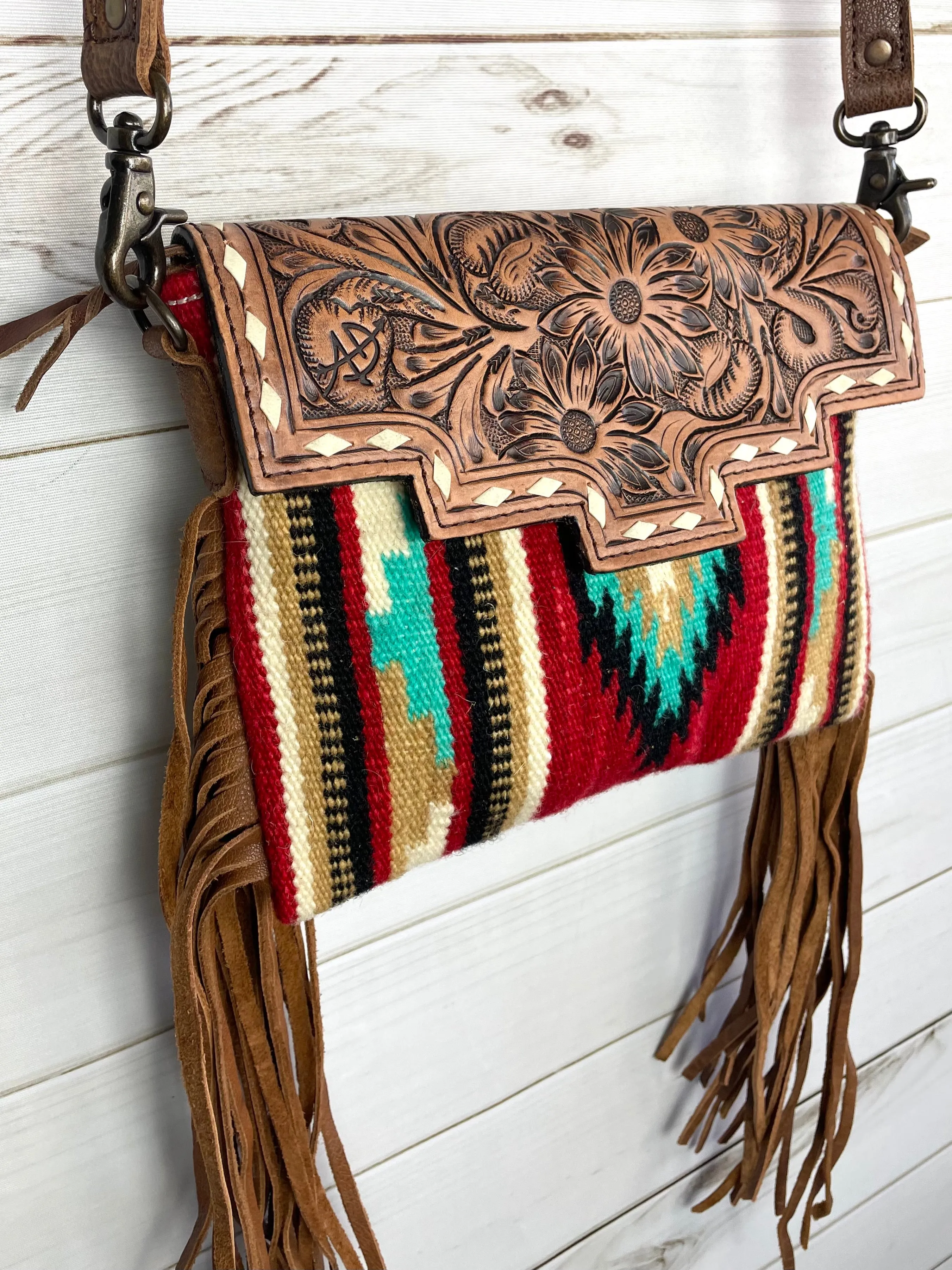 Ajo Red Wool & Floral Tooled Leather Western Fringe Bag