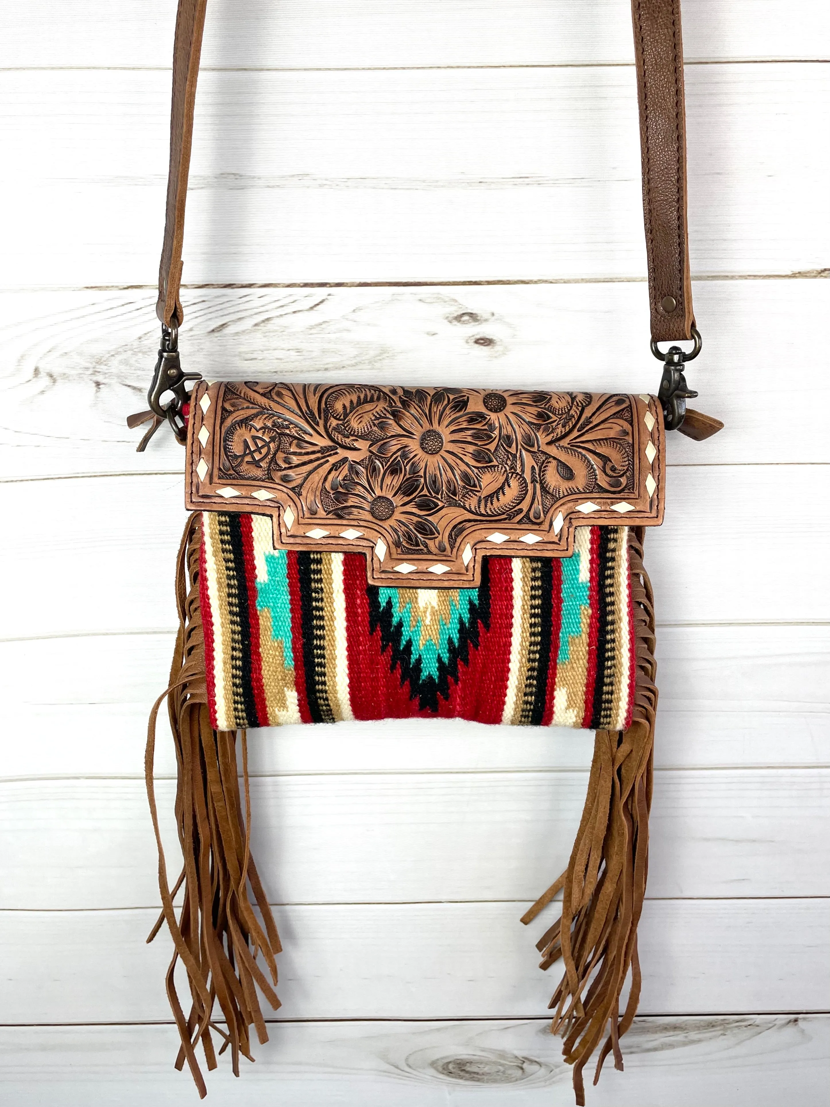 Ajo Red Wool & Floral Tooled Leather Western Fringe Bag