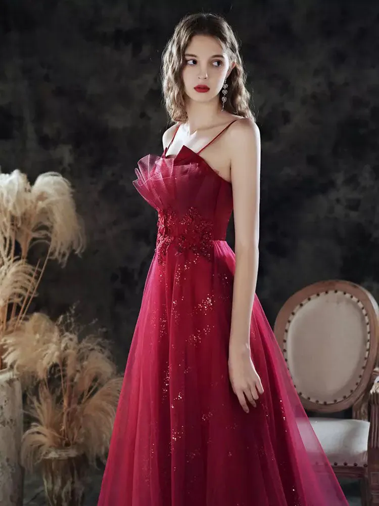 Amazing Evening Dress A-Line Sweetheart Neck Lace Floor-Length Sleeveless Party Dresses Burgundy Pageant Dress