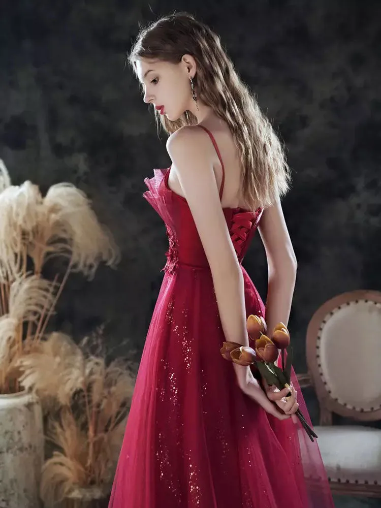 Amazing Evening Dress A-Line Sweetheart Neck Lace Floor-Length Sleeveless Party Dresses Burgundy Pageant Dress