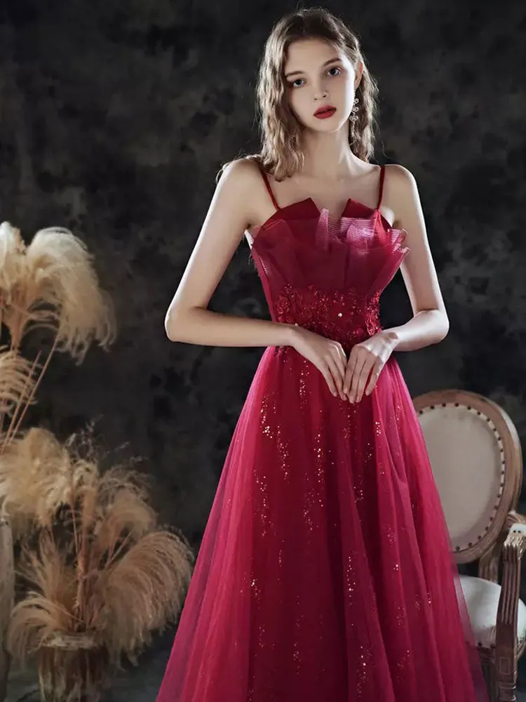 Amazing Evening Dress A-Line Sweetheart Neck Lace Floor-Length Sleeveless Party Dresses Burgundy Pageant Dress