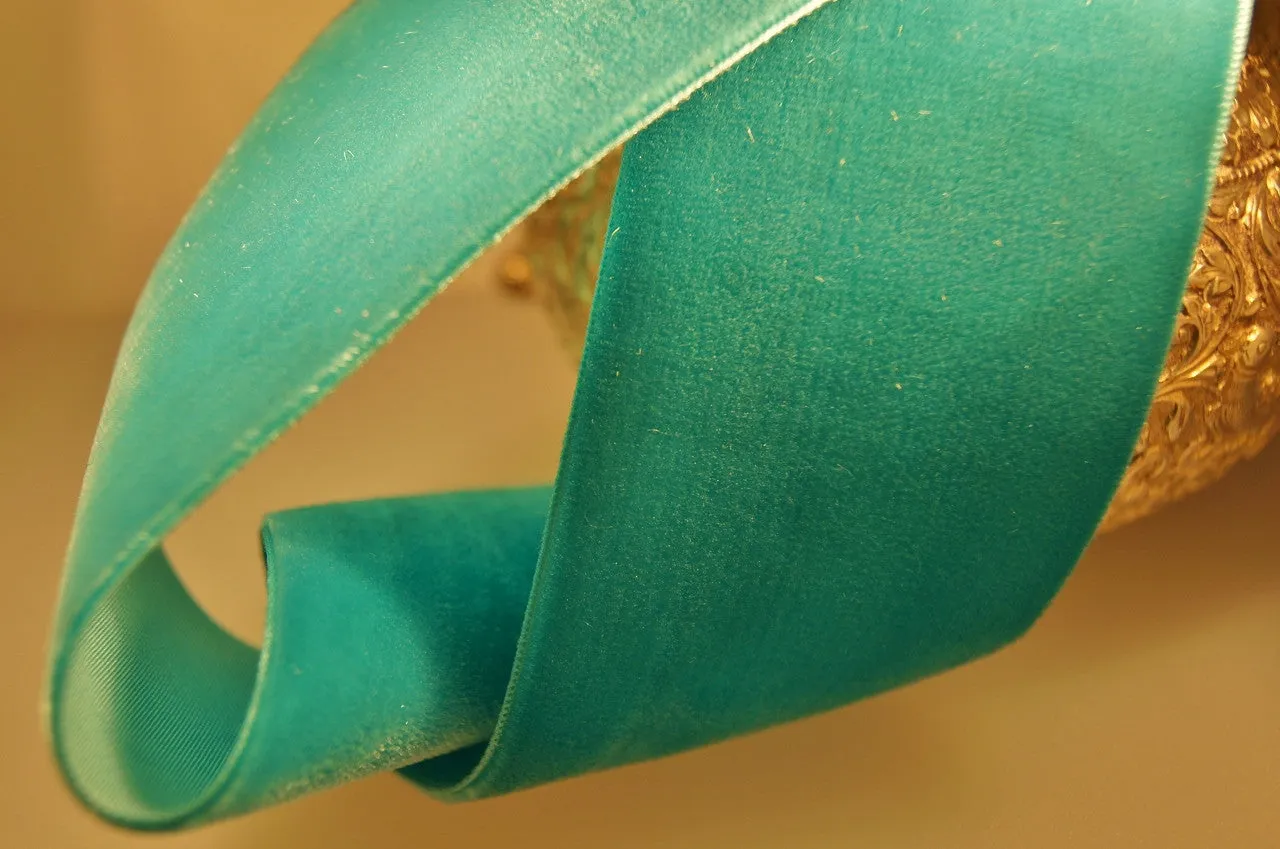 Aquamarine Green Velvet Ribbon Vintage from Switzerland 50mm