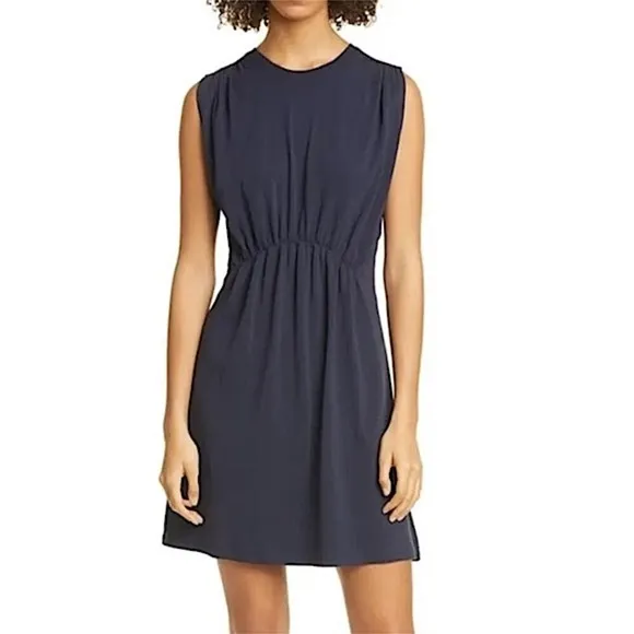 ATM Anthony Thomas Melillo Pima Cotton Gathered Mini Dress Navy Blue Sleeveless
