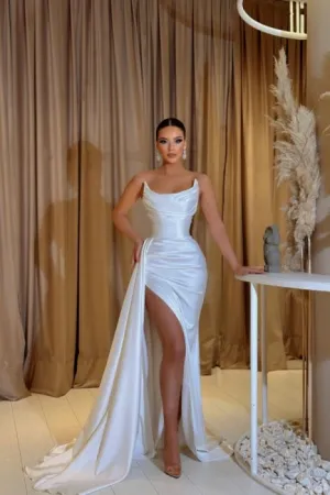 Ballbella Long Sleeveless Strapless Charmeuse Slit Front Stain Evening Dress with Ruffles