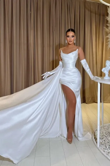 Ballbella Long Sleeveless Strapless Charmeuse Slit Front Stain Evening Dress with Ruffles