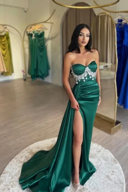 Ballbella Slit Front Dark Green Stain Sweetheart Sleeveless Evening Dress with Beadings
