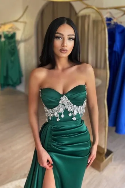 Ballbella Slit Front Dark Green Stain Sweetheart Sleeveless Evening Dress with Beadings