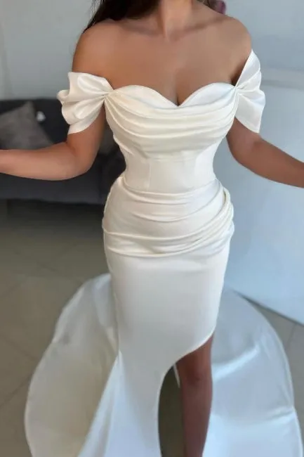 Ballbella Slit Front Off-The-Shoulder Sweetheart Stain Evening Dress with Ruffles