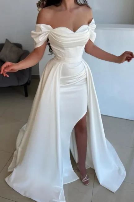 Ballbella Slit Front Off-The-Shoulder Sweetheart Stain Evening Dress with Ruffles