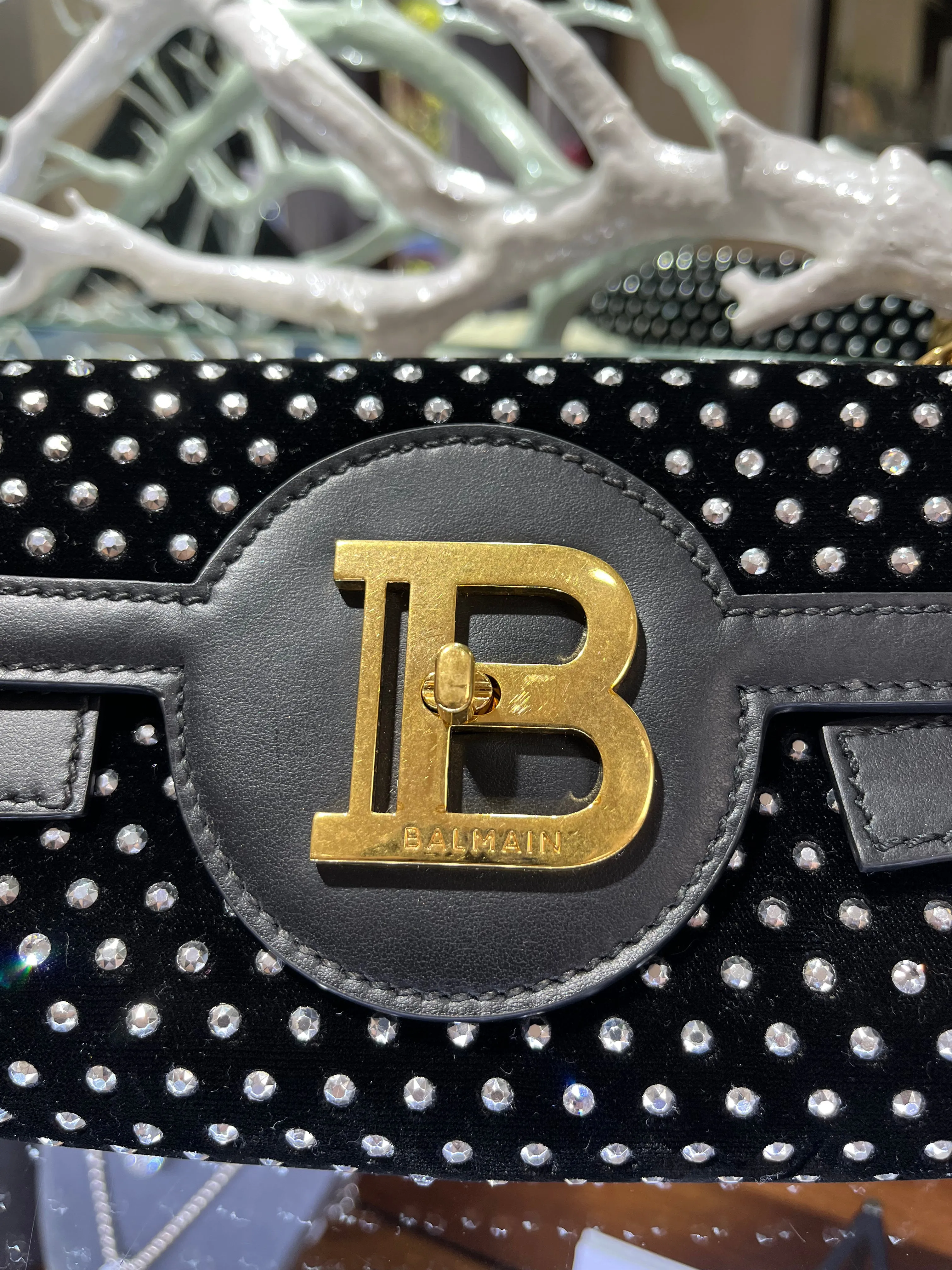 Balmain B-Buzz 23 velvet and crystal logo-plaque mini bag/clutch