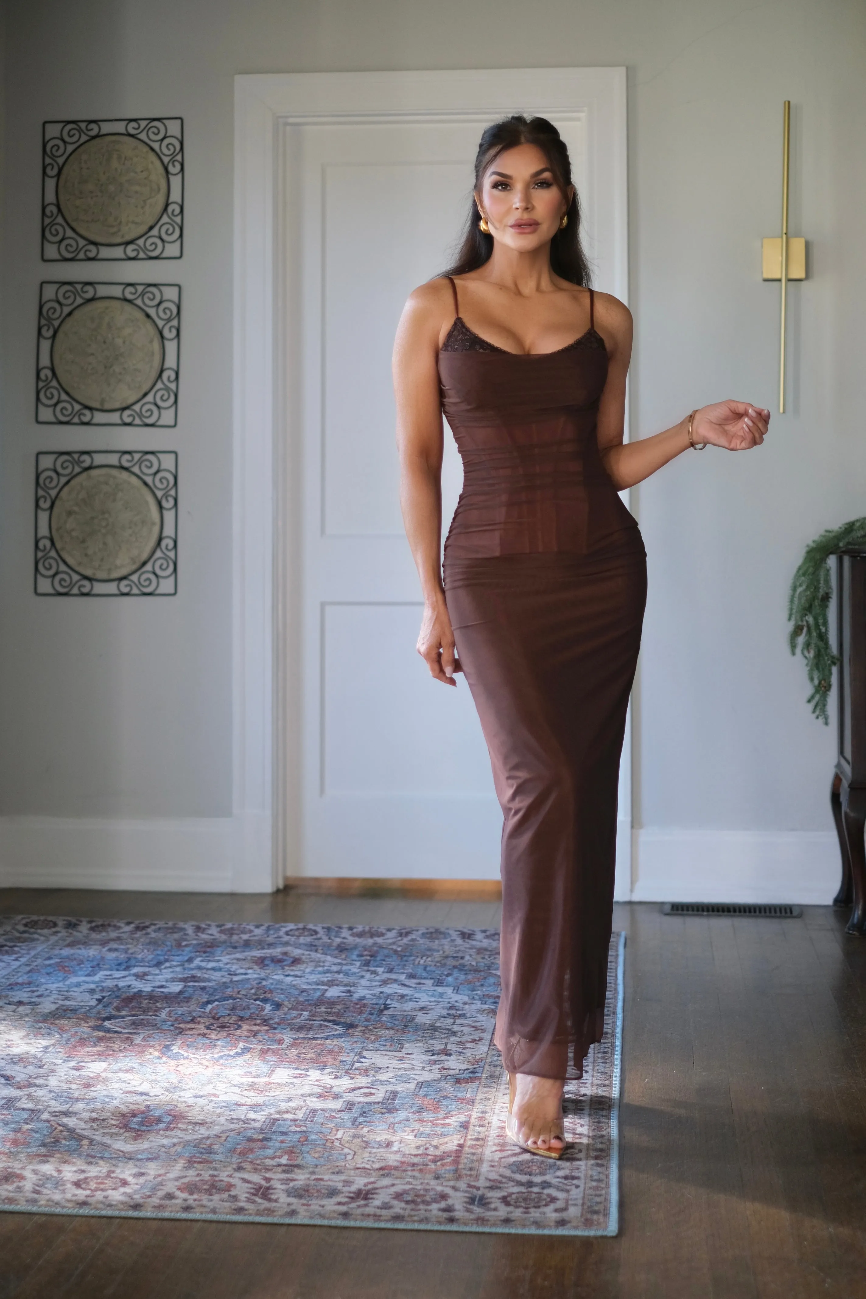 Bambi Brown Mesh Ruched Maxi Dress with Lace Bra Detail