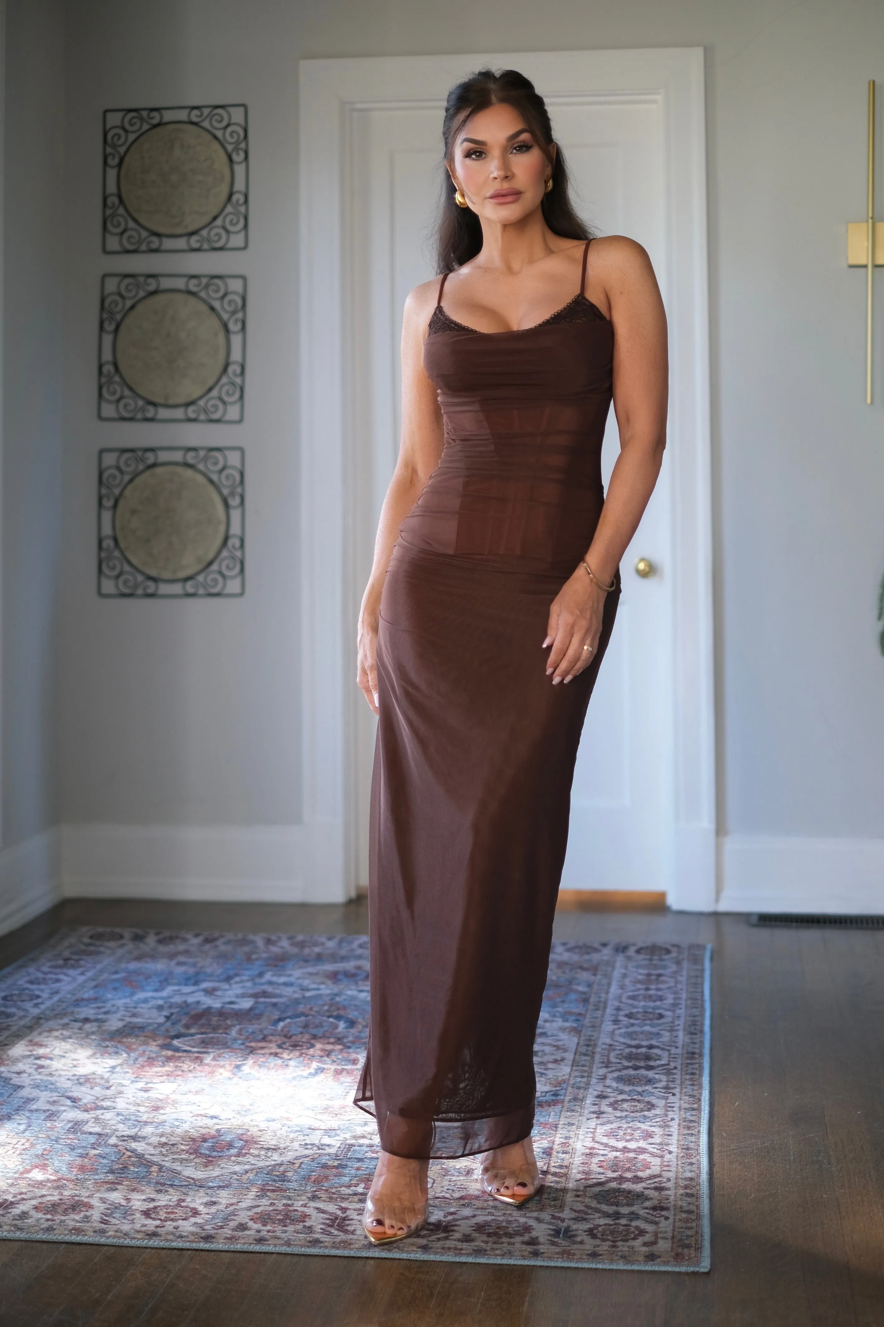 Bambi Brown Mesh Ruched Maxi Dress with Lace Bra Detail