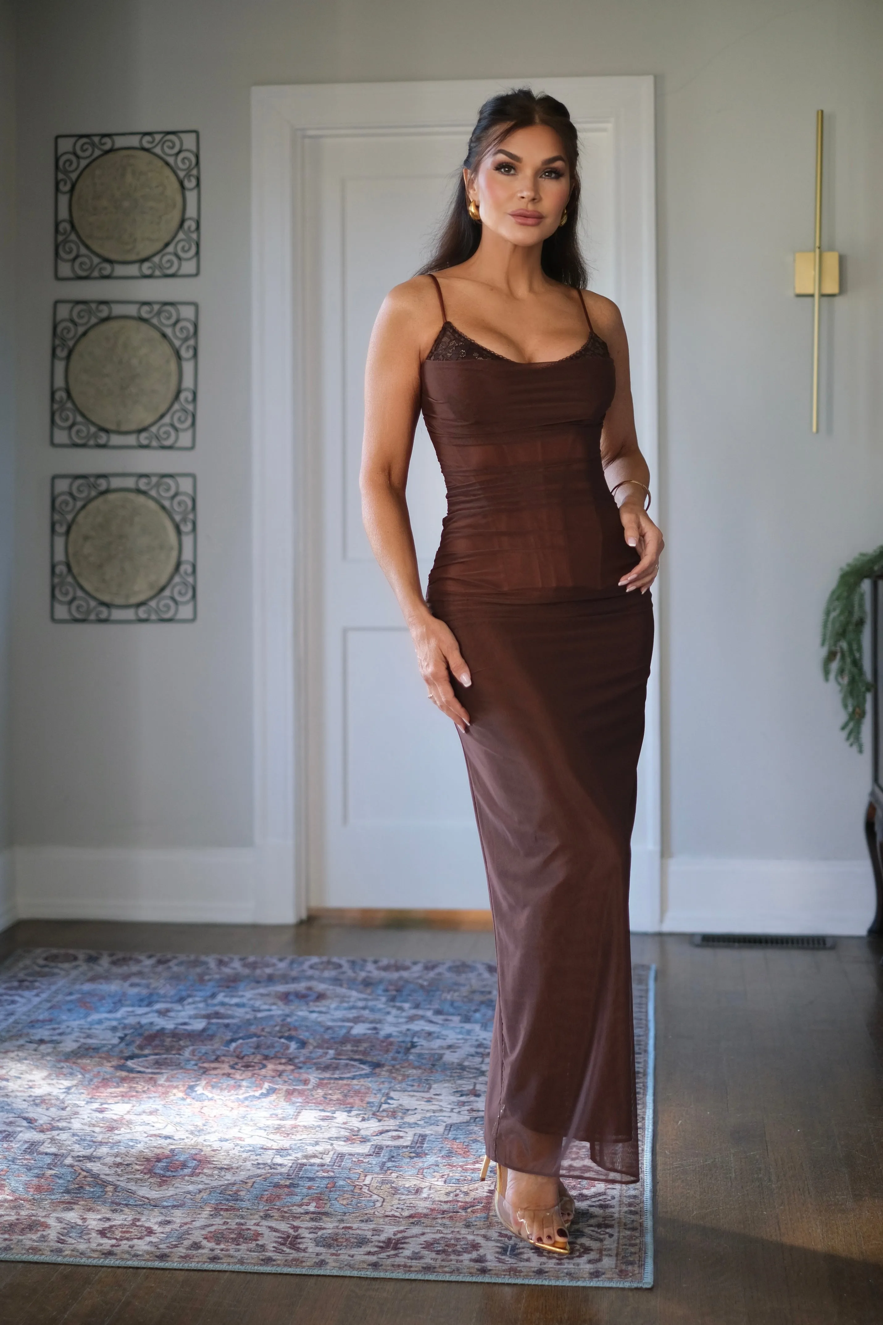 Bambi Brown Mesh Ruched Maxi Dress with Lace Bra Detail