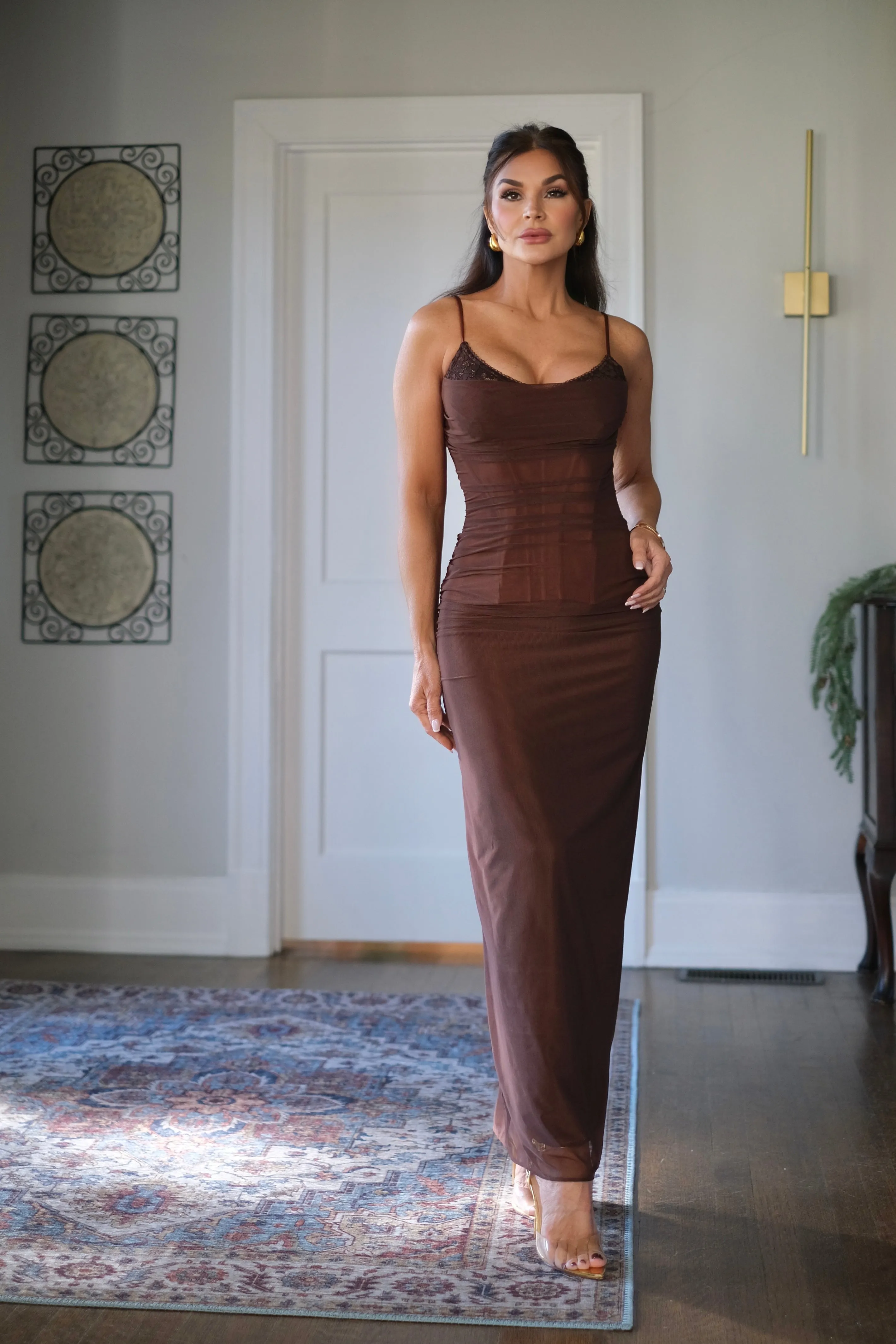 Bambi Brown Mesh Ruched Maxi Dress with Lace Bra Detail