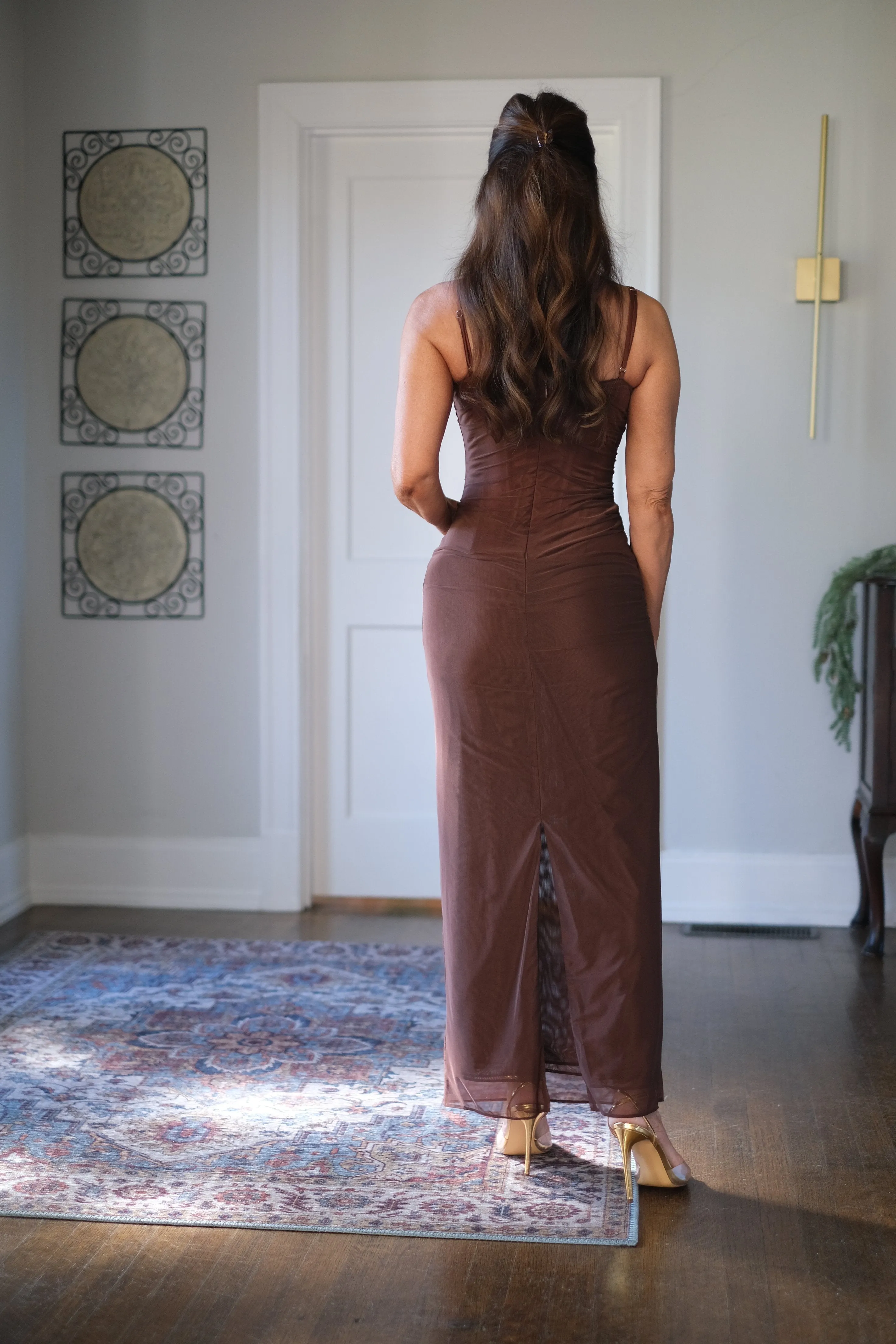Bambi Brown Mesh Ruched Maxi Dress with Lace Bra Detail