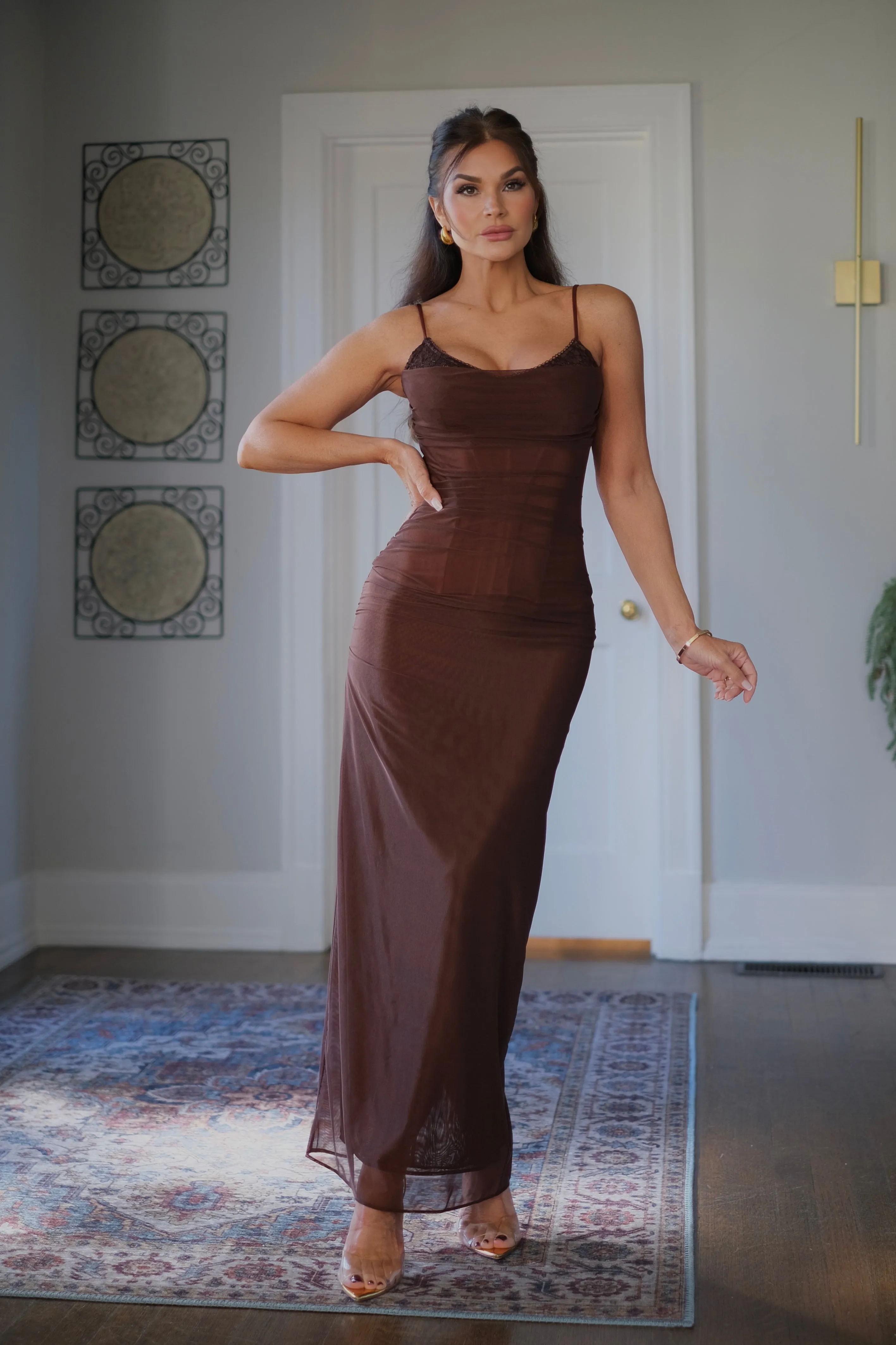 Bambi Brown Mesh Ruched Maxi Dress with Lace Bra Detail