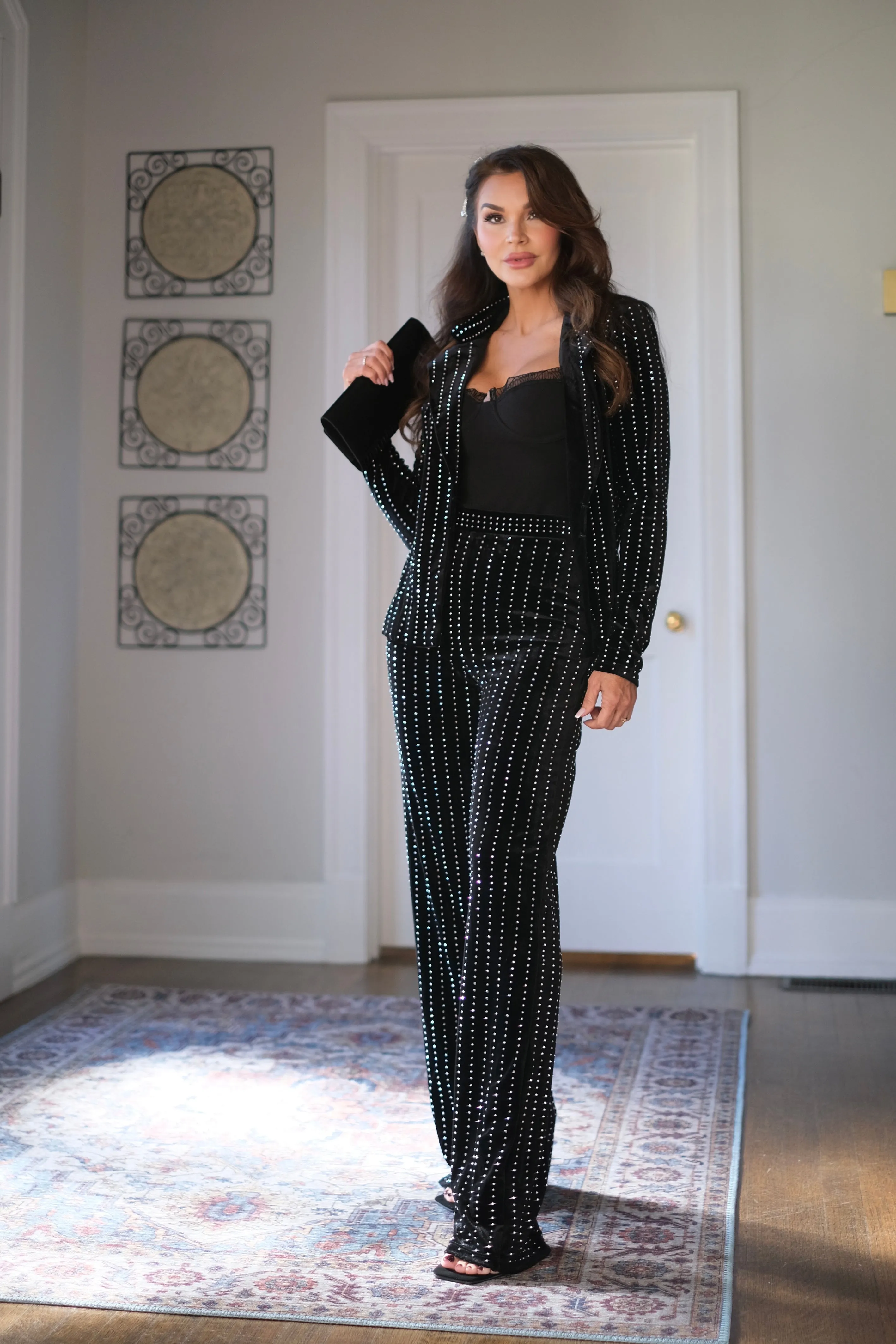 Banks Black Velvet Jacket with Rhinestone Pin Stripes