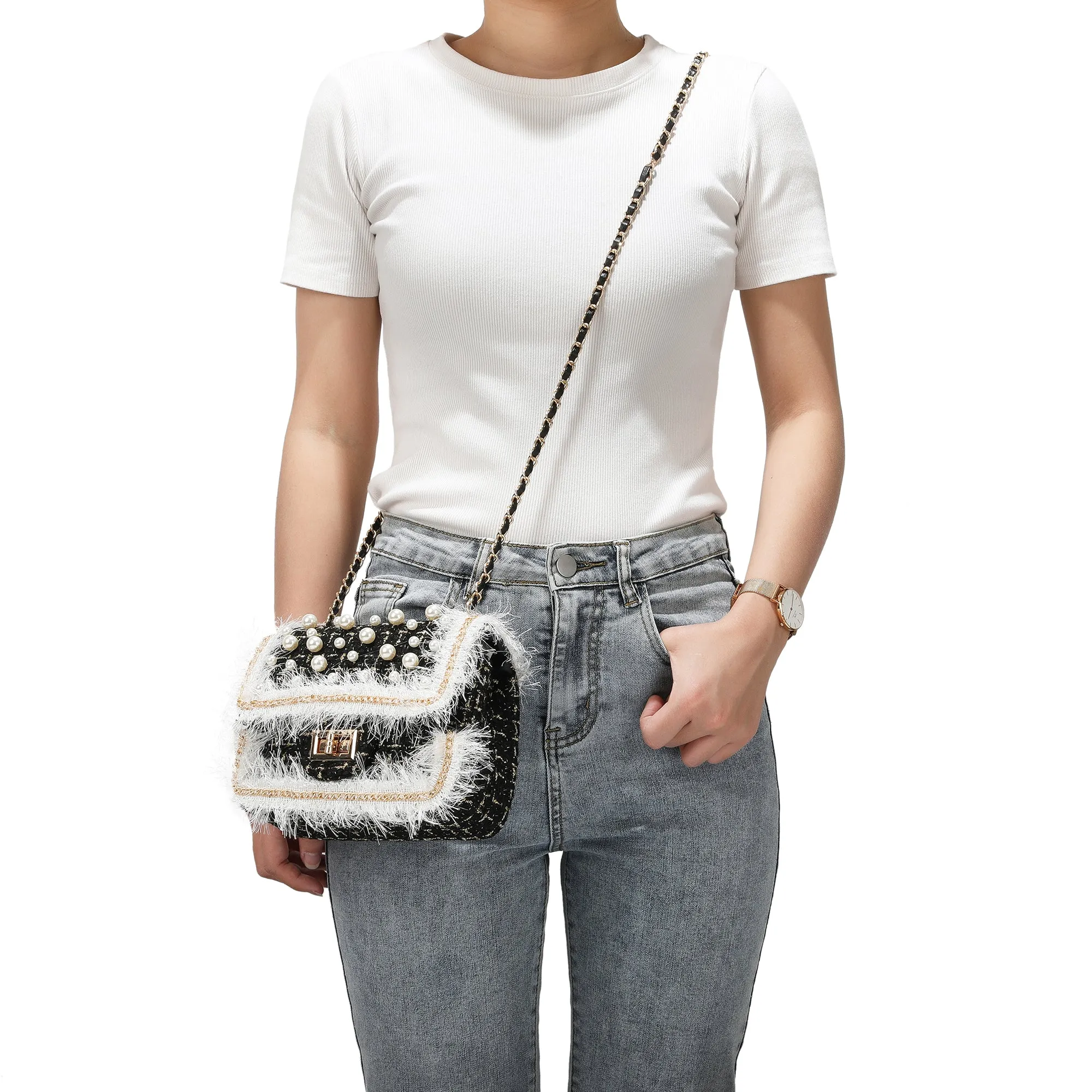 Beaded Tweed Shoulder Bag