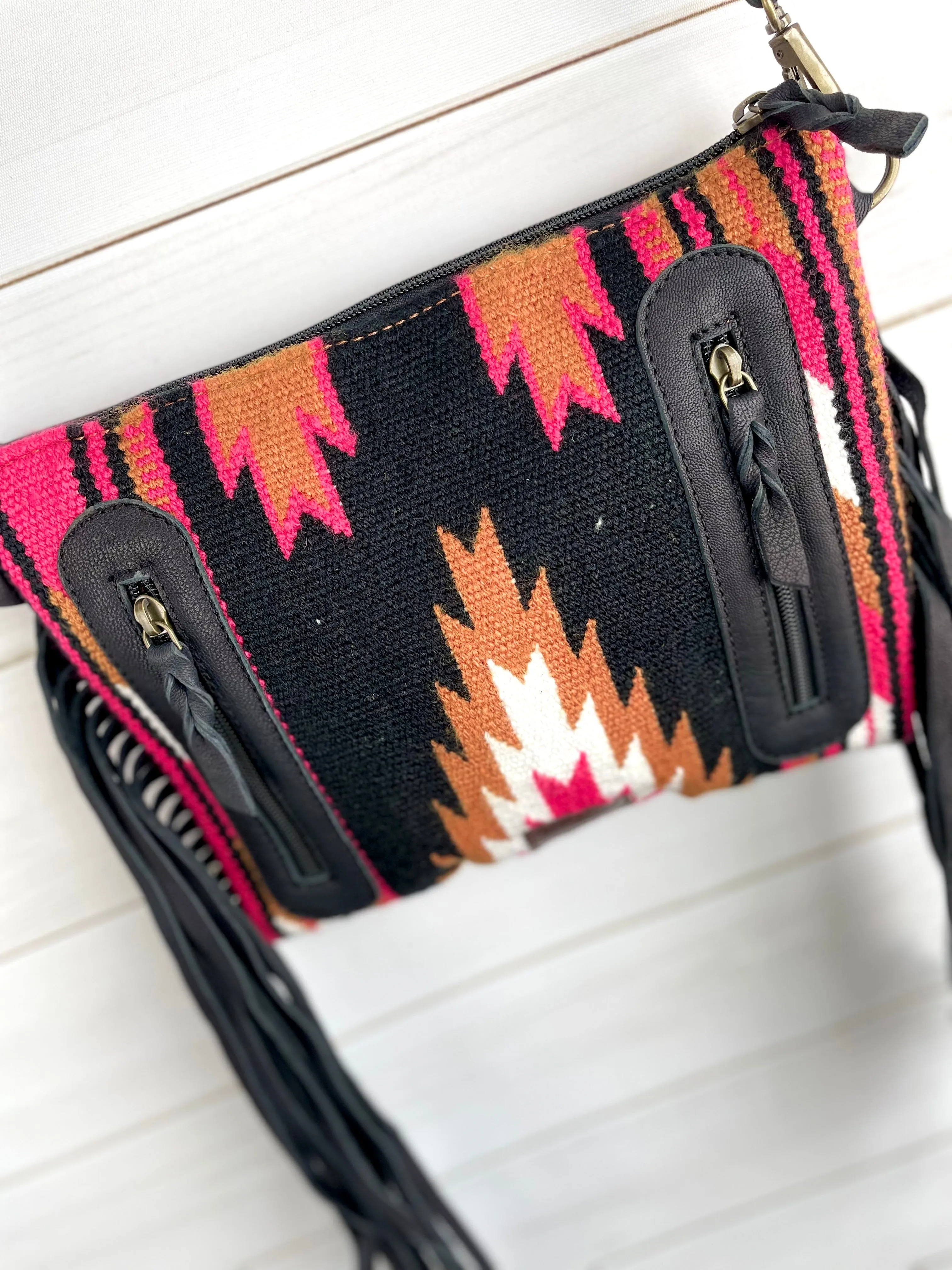 Black, Pink Tan Wool & Leather Tooled Fringe Medium Bag