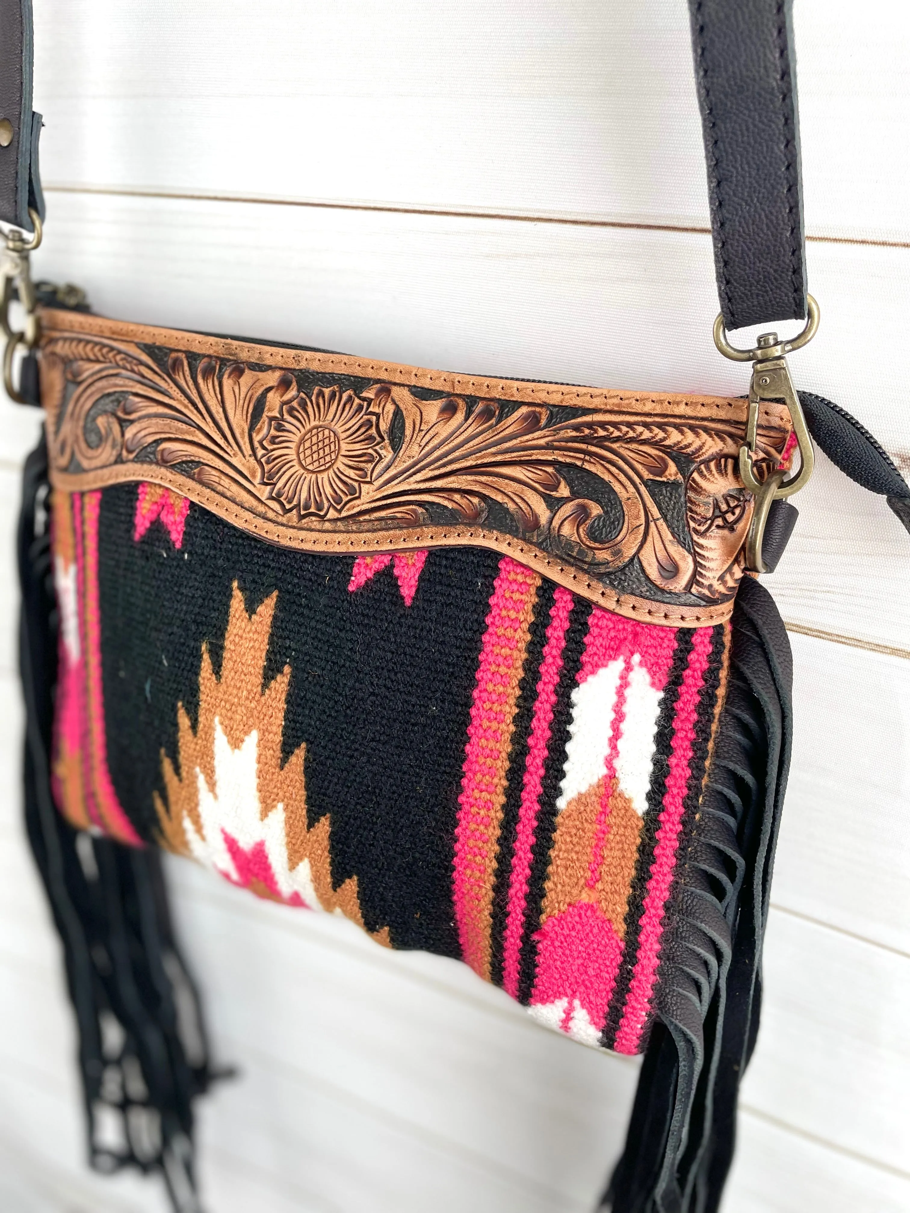 Black, Pink Tan Wool & Leather Tooled Fringe Medium Bag