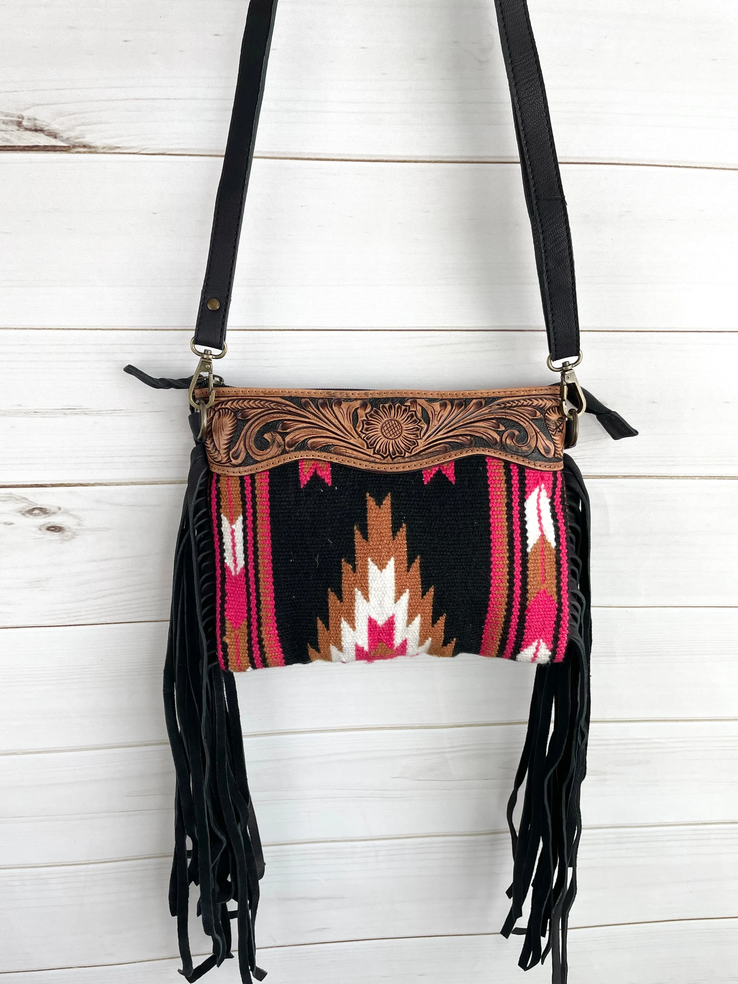 Black, Pink Tan Wool & Leather Tooled Fringe Medium Bag