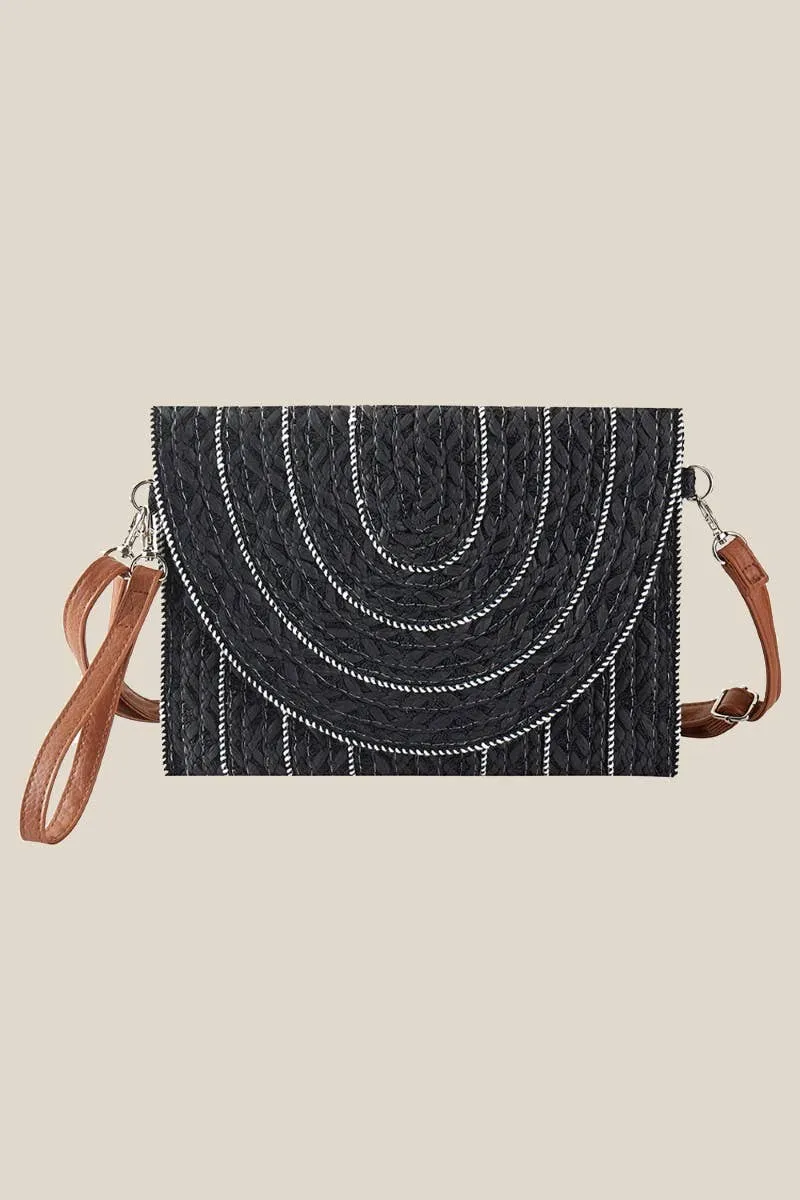 black stitched straw envelope clutch