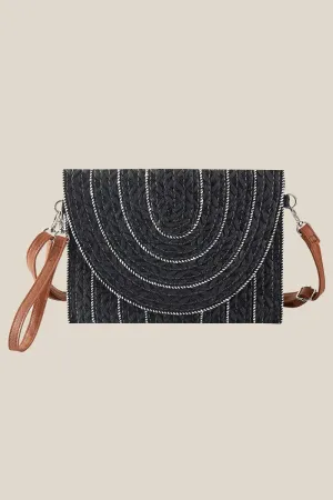black stitched straw envelope clutch