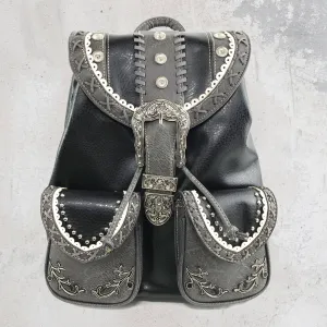 Black Western Leather Buckle Backpack: