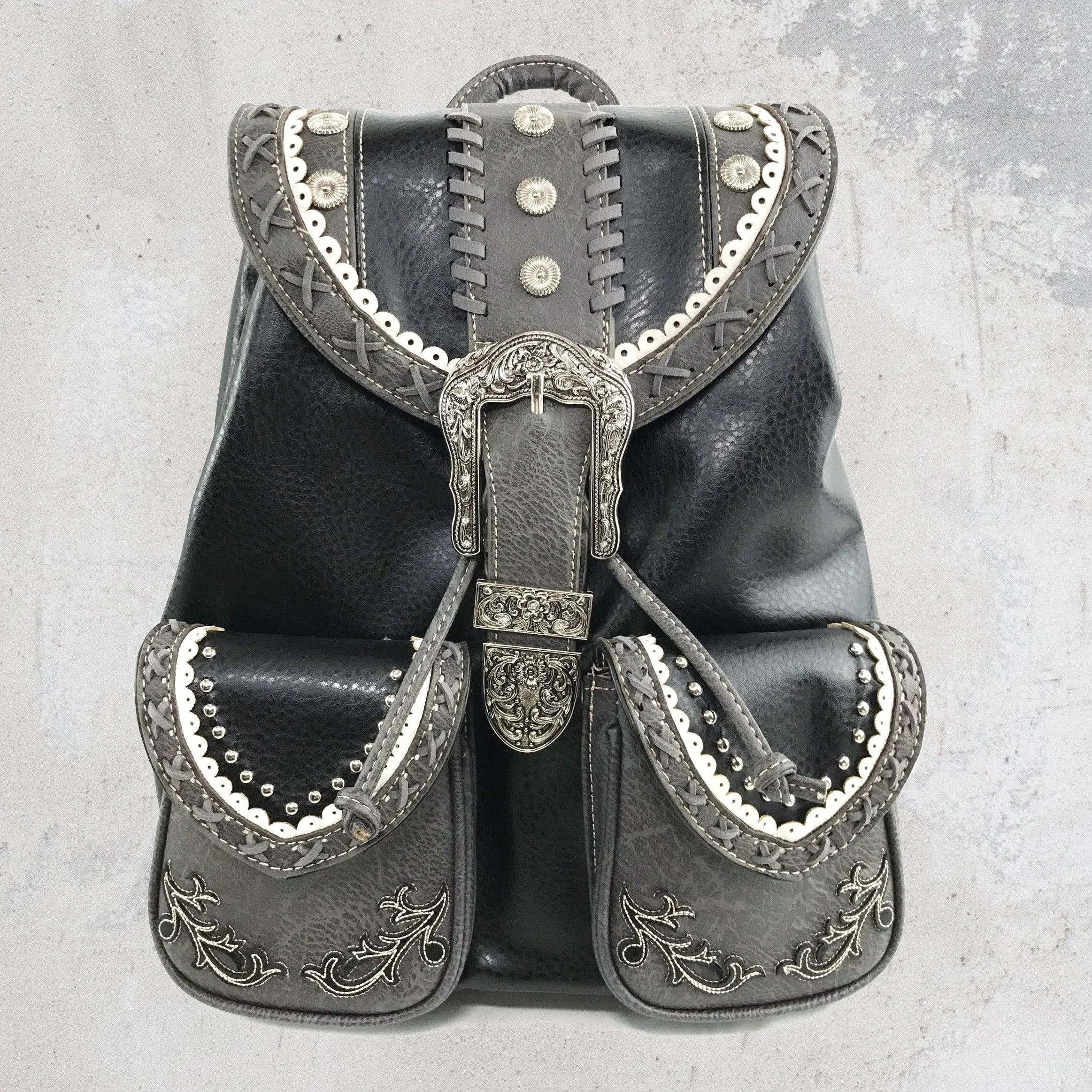 Black Western Leather Buckle Backpack: