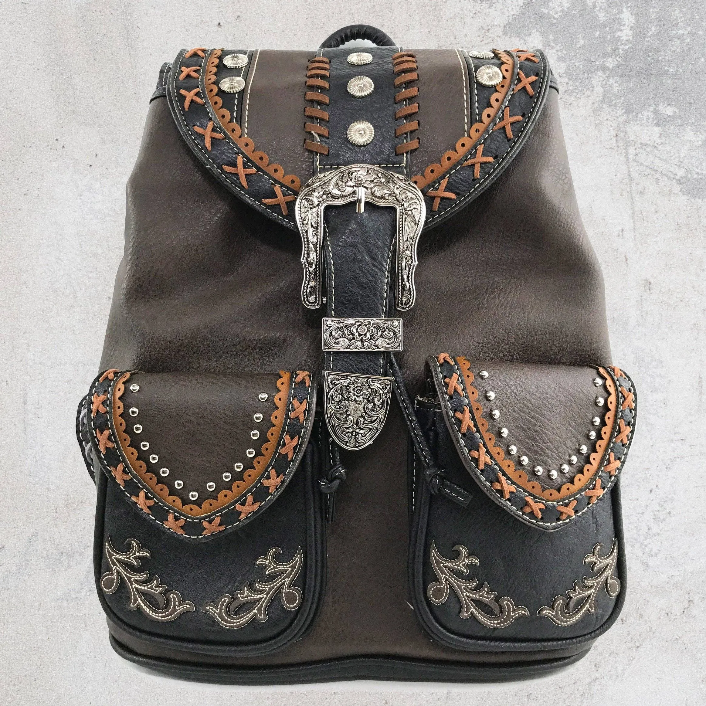 Black Western Leather Buckle Backpack: