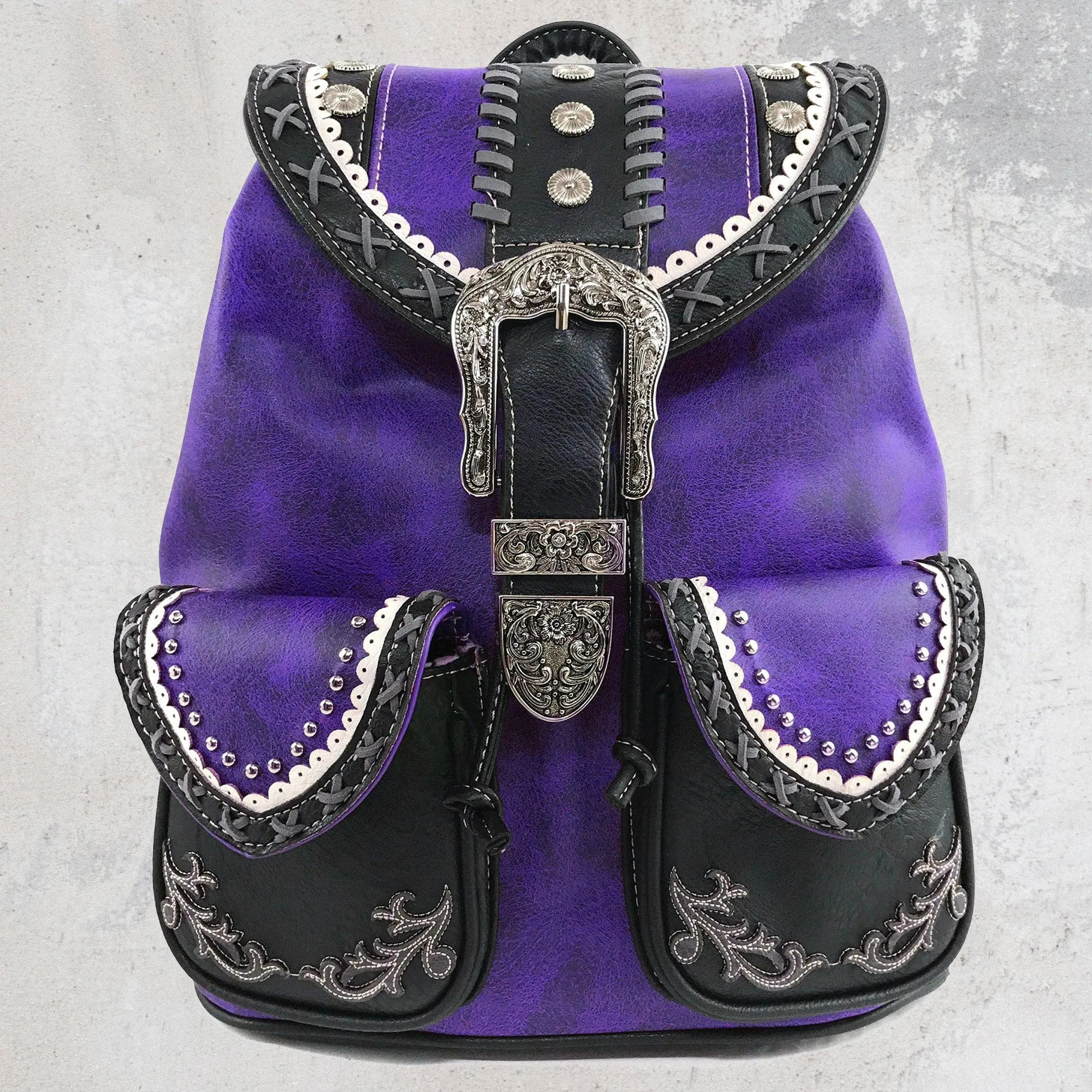 Black Western Leather Buckle Backpack: