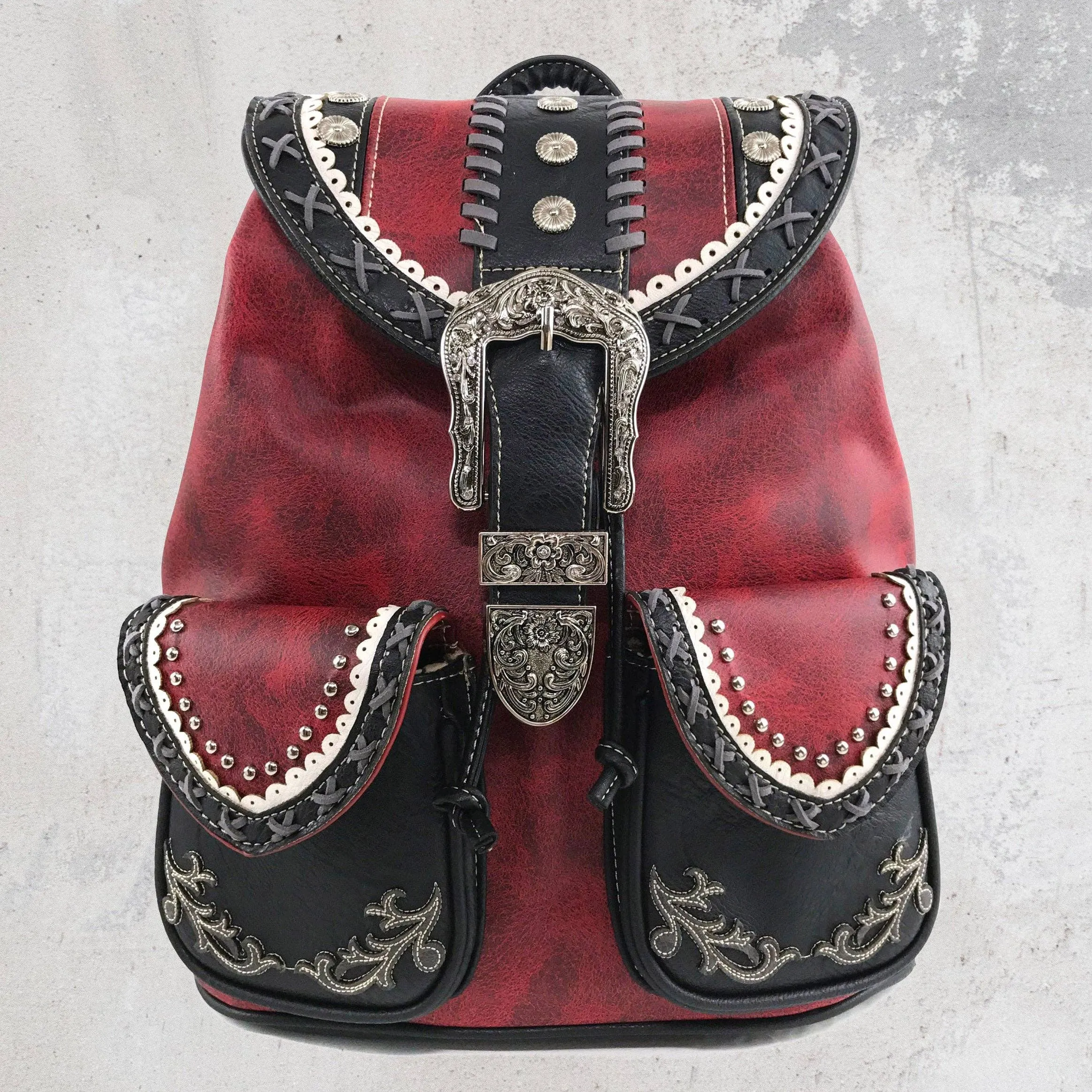 Black Western Leather Buckle Backpack: