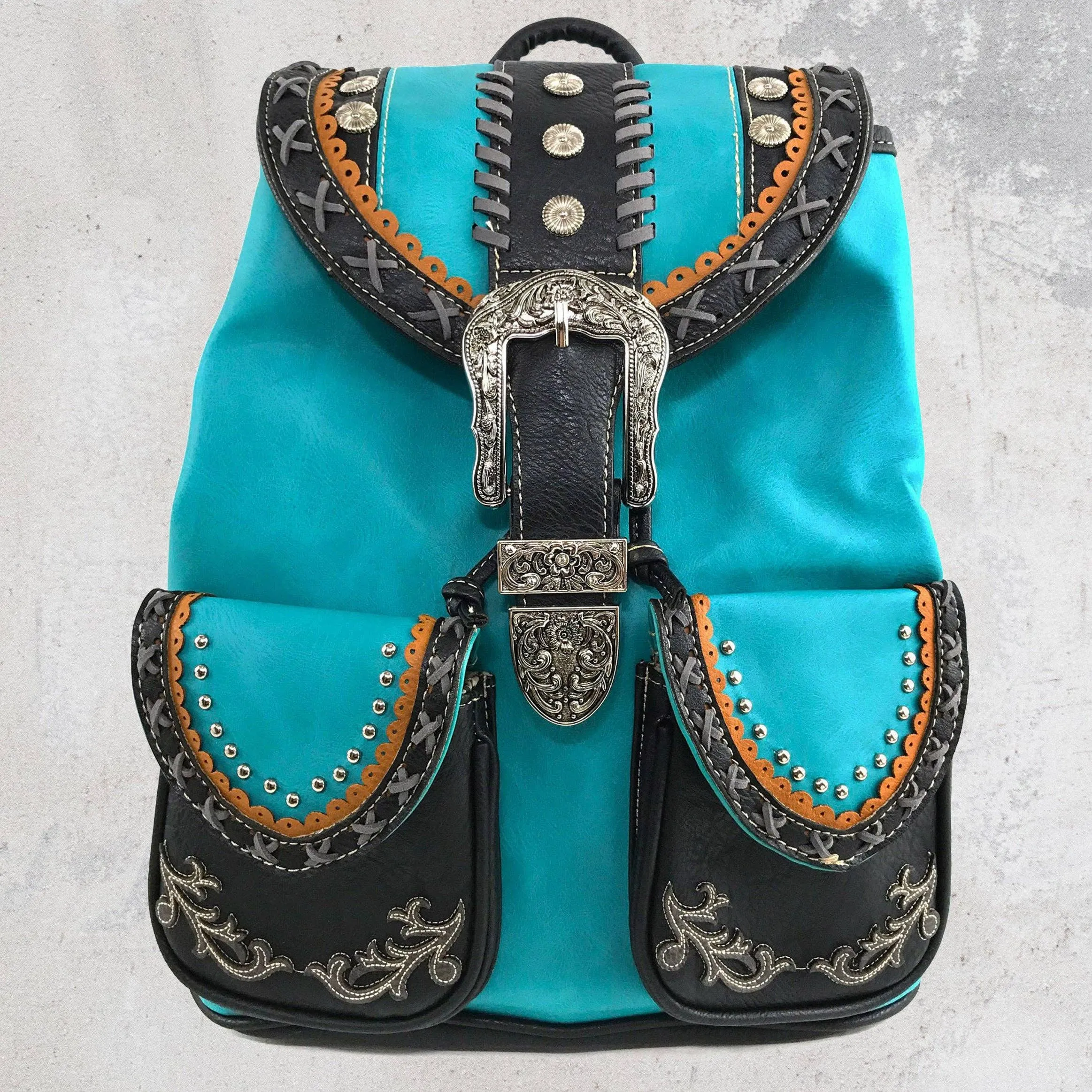 Black Western Leather Buckle Backpack: