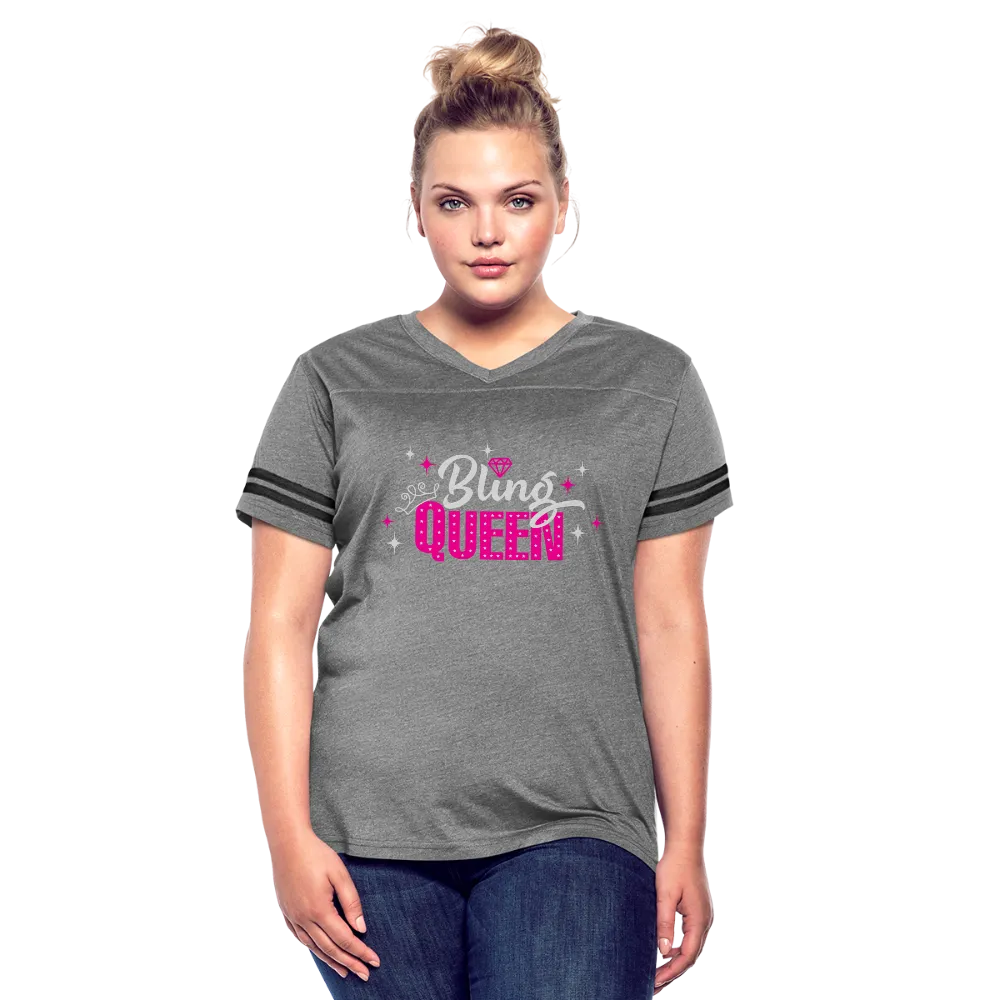 Bling Queen Striped Sleeve Women’s Vintage Sporty V-Neck T-Shirt